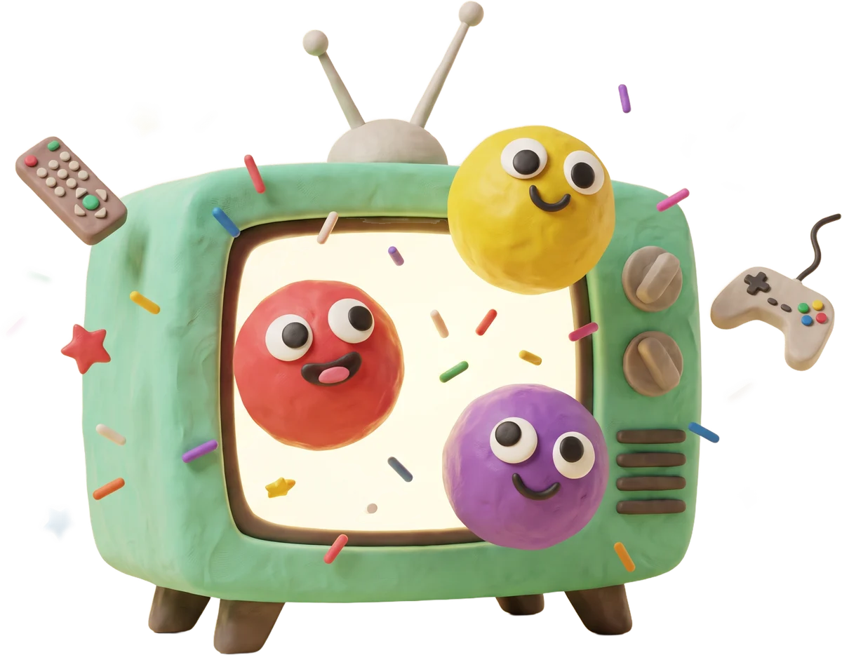 A clay TV with three smiling dough characters bouncing out of the screen